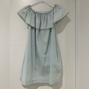 Women’s Chelsea light denim off or on the shoulder mini dress.